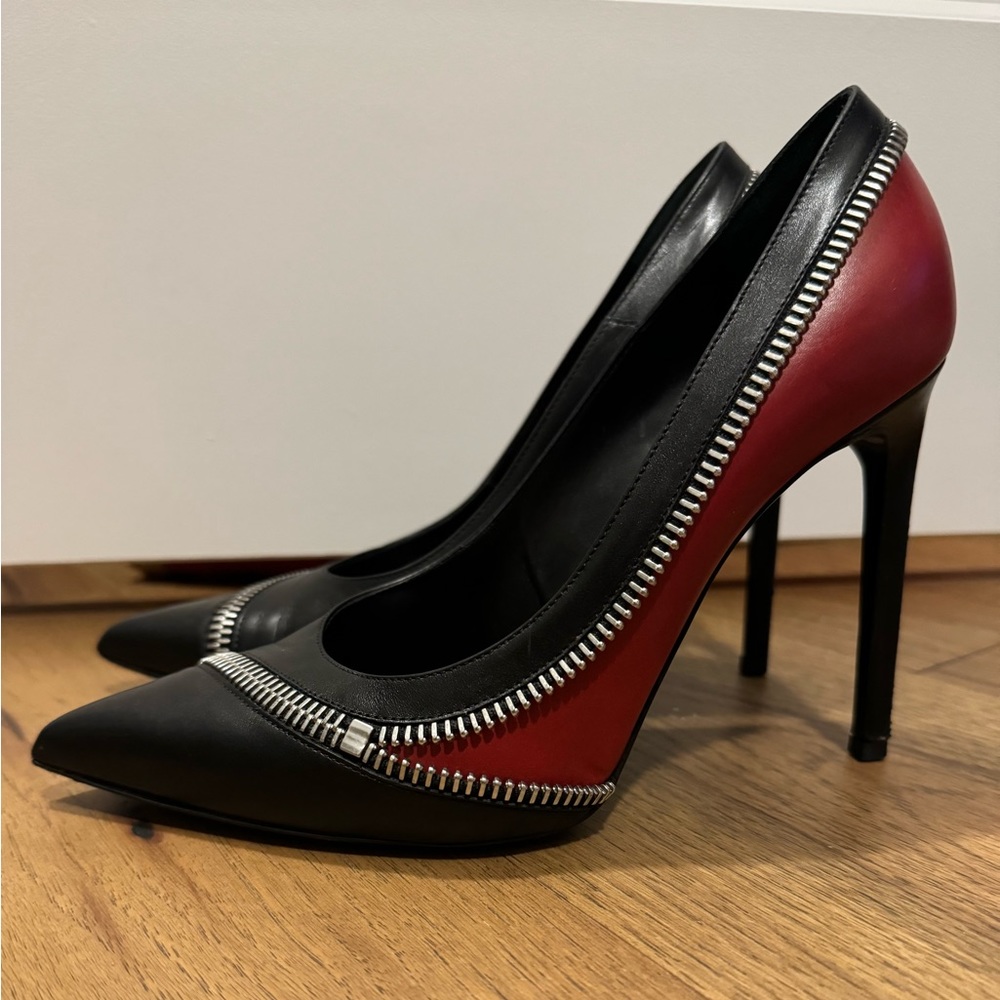 Saint Laurent Black Leather Colorblock Zipper Pattern Heel Pump Shoes- Size 38